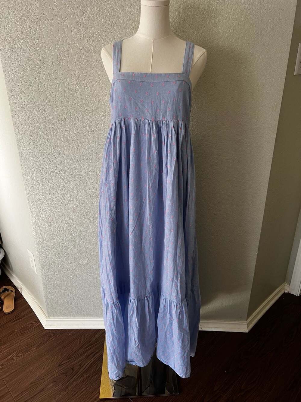H&M Blue and Pink Patterned Square Neck Tiered Maxi Dress Size 10